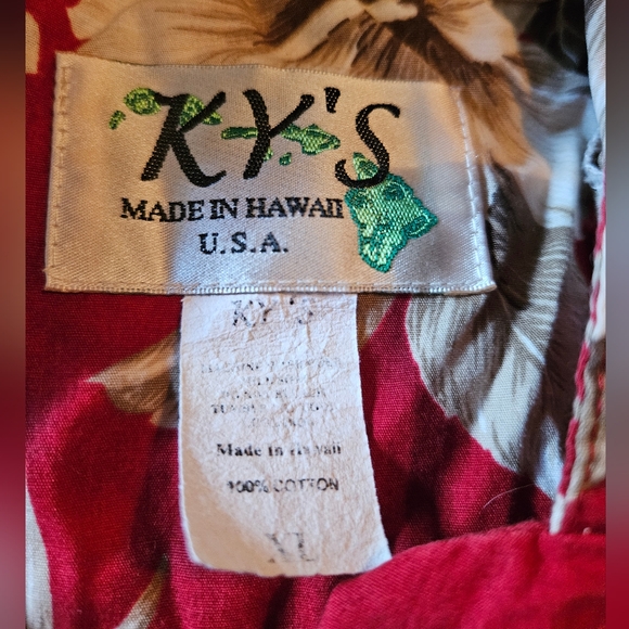 Vintage Ky's Red Floral Button Down Short Sleeve Hawaiian Cotton Shirt Size XL - Picture 2 of 6
